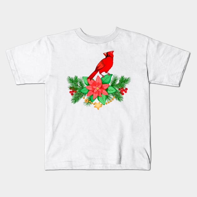 Christmas Composition with cardinal and poinsettia Kids T-Shirt by  ESHA-Studio